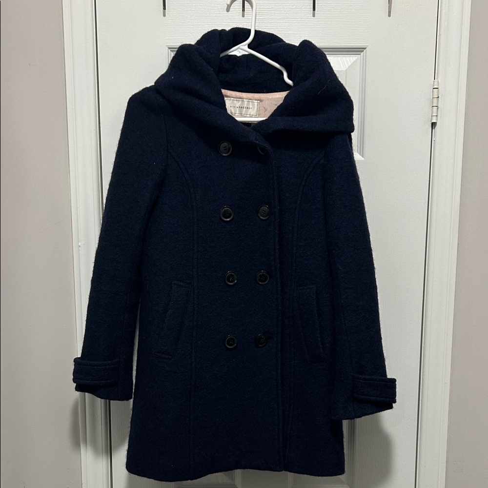 Navy Double-Breasted Hooded Coat